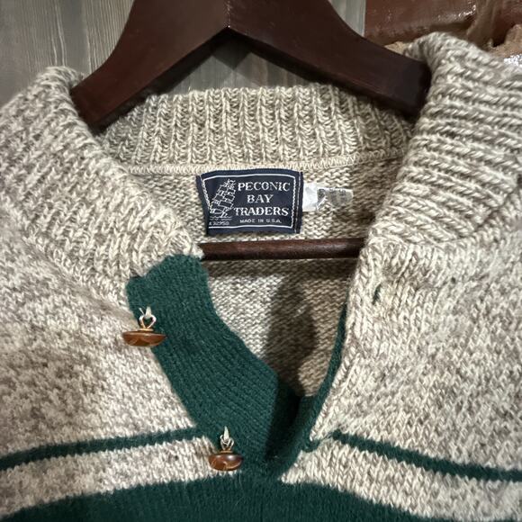 Peconic Bay Traders Fisherman Sweater Mens M Wool Birds Eye Beige Green Stripe - Picture 3 of 11